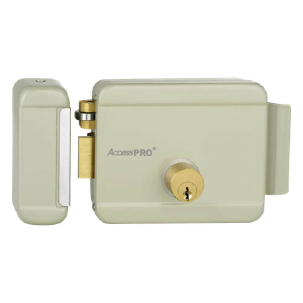 Cerradura Eléctrica / Doble Cerrojo / 12 VCA 2.5 A / Activación por Pulso 2 s / Exterior / Puerta Izquierda