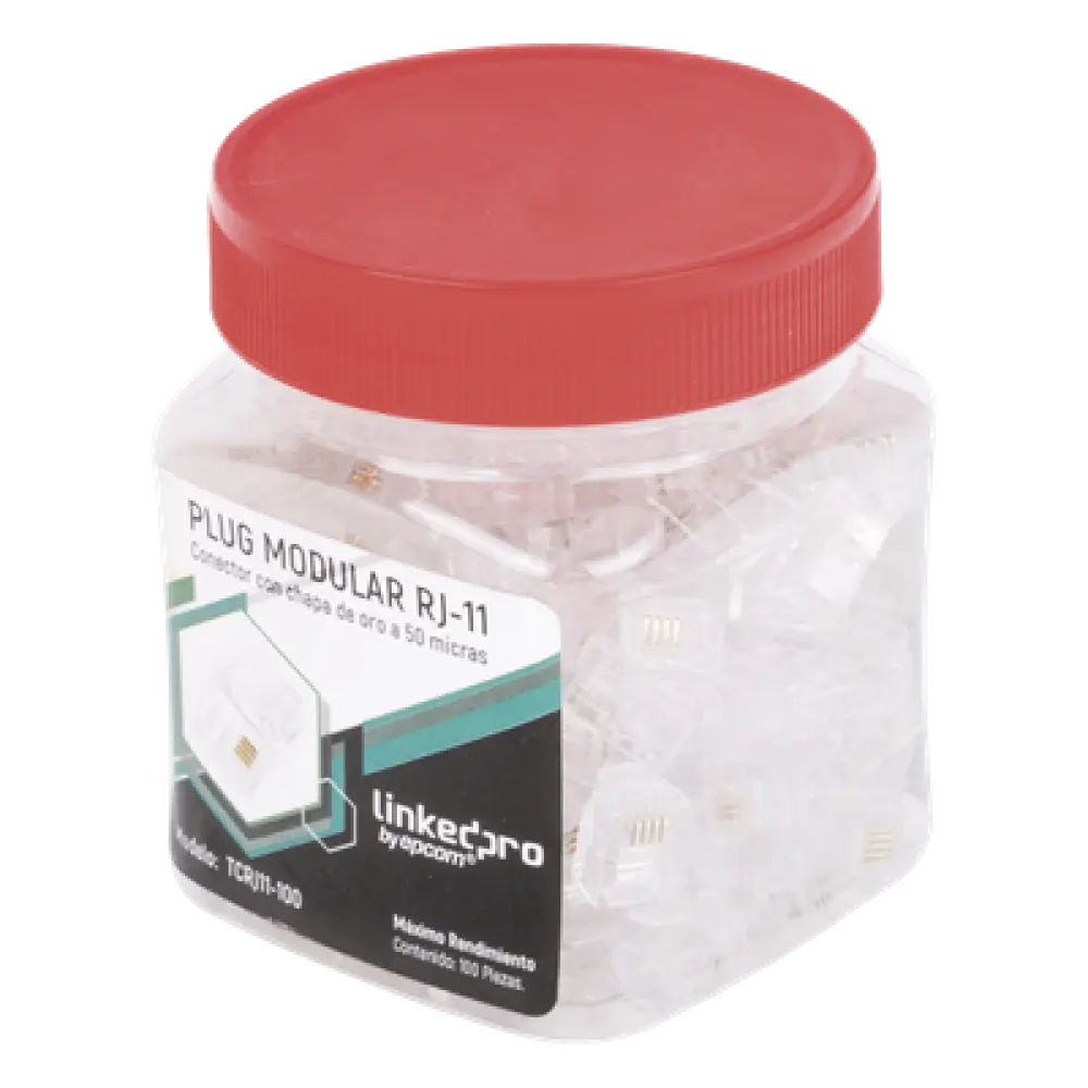 Plug Modular RJ11 / 4 Contactos / Chapado Oro 50 Micras / Paquete 100 Piezas