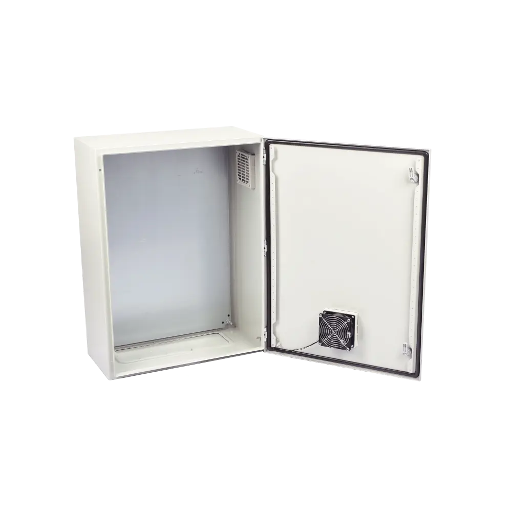 Gabinete Ventilado de Acero IP55 Uso en Exterior (600 x 800 x 300 mm) con Placa Trasera Interior Metálica y Compuerta Inferior Atornillable. Incluye Ventilador, Ventilas, filtros, Chapas y Llave T