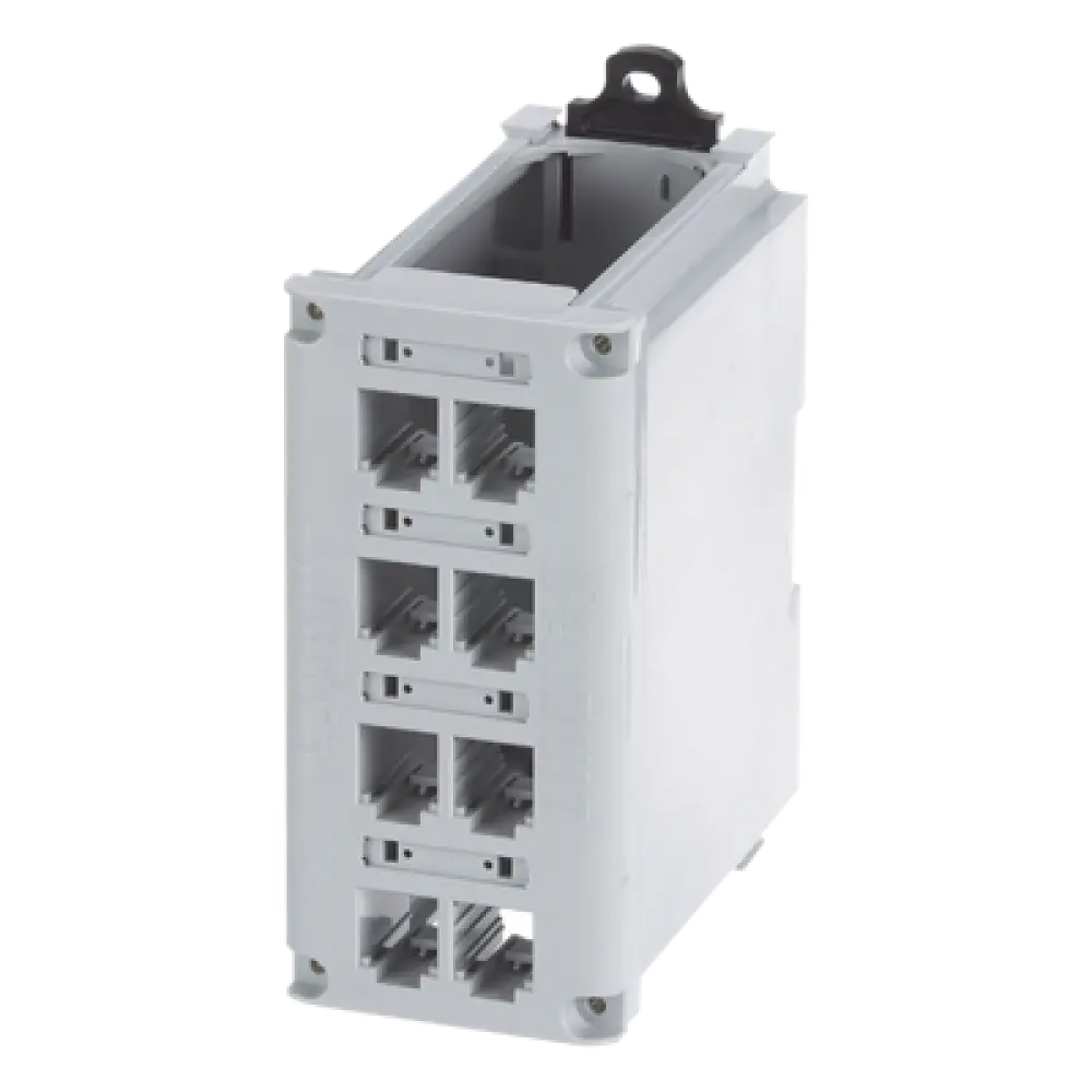 Panel de Parcheo Modular / Riel DIN 35 mm / 8 Puertos Mini-Com / UL94V-0 / -10 a 60°C / Gris