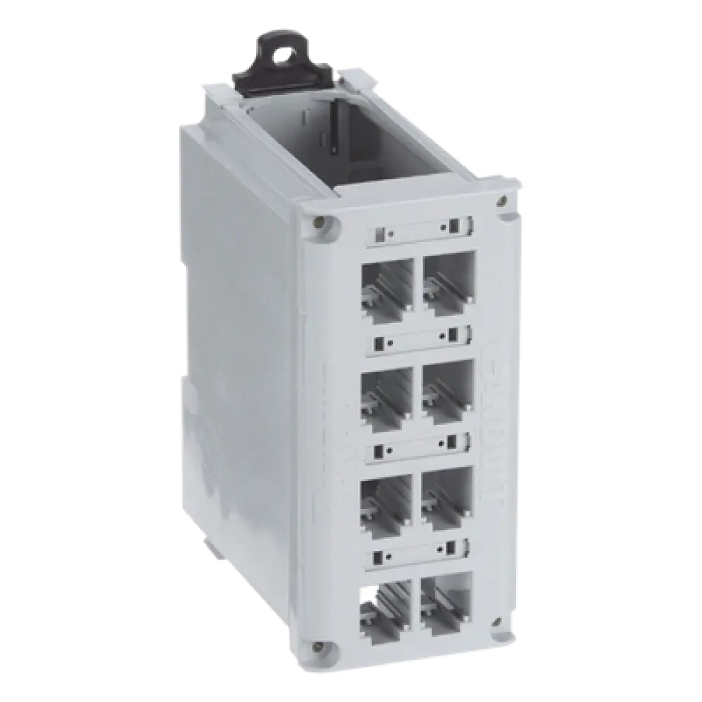 Panel de Parcheo Modular / Riel DIN 35 mm / 8 Puertos Mini-Com / UL94V-0 / -10 a 60°C / Gris