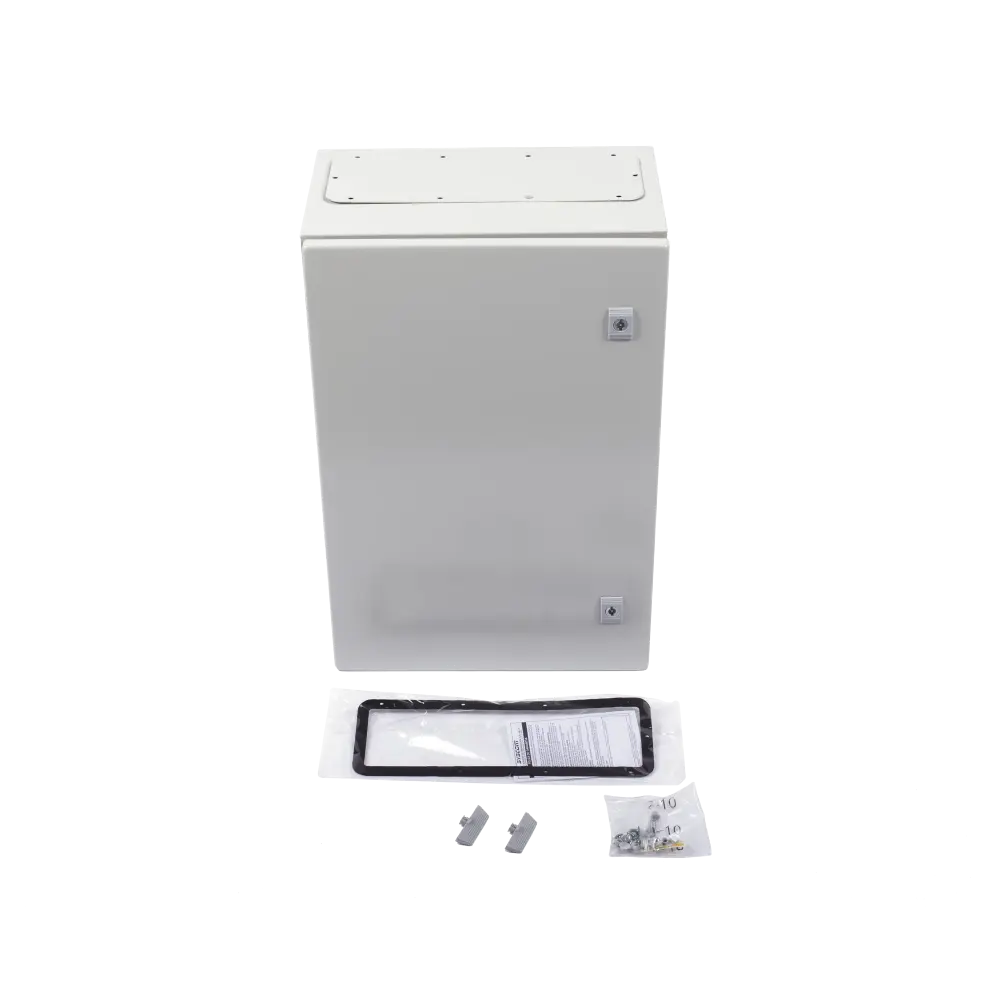 Gabinete de Acero IP66 Uso en Intemperie (400 x 600 x 250 mm) con Placa Trasera Interior Metálica y Compuerta Inferior Atornillable (Incluye Chapa y Llave T).
