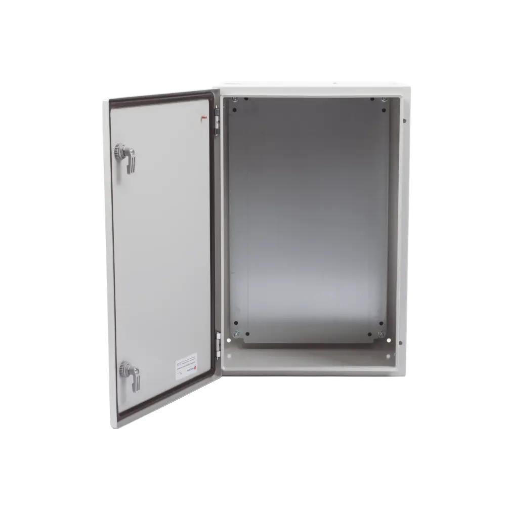 Gabinete de Acero IP66 Uso en Intemperie (400 x 600 x 250 mm) con Placa Trasera Interior Metálica y Compuerta Inferior Atornillable (Incluye Chapa y Llave T).