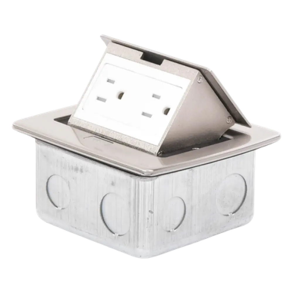Mini Caja de Piso Rectangular / Acero Inoxidable / 2 Contactos 127V / 15A / 12.4 x 12 x 7.2 cm / 4.88 x 4.72 x 2.83 pulg