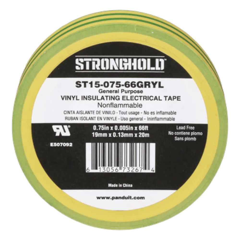 Cinta Eléctrica de Aislamiento / PVC 0.13 mm (5 mil) / 19.05 mm x 20.12 m (66 ft) / Adhesivo a Presión / Amarillo/Verde