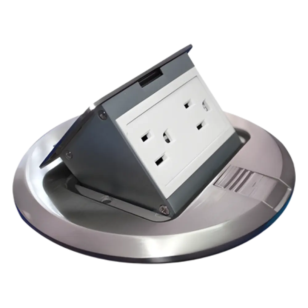 Mini Caja de Piso Redonda / Acero Inoxidable / 2 Contactos / 15 A ANCE / 150x150x70 mm / 0.92 lb / 5.9x5.9x2.8 pulg