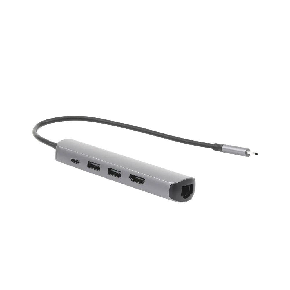 HUB USB-C (Docking Station) 5 en 1 | Ultra Delgado | 2 USB-A 3.1 a (5 Gbps) | HDMI 4K@60Hz | RJ45 (Gigabit Ethernet) | USB-C PD Carga Rápida 100W | Soporta OTG | Chips Inteligentes | Pequeño y Ligero | Caja de Aluminio.