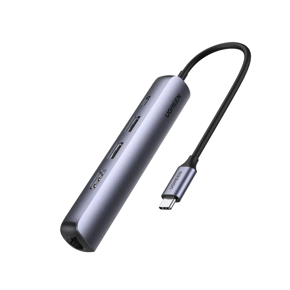 HUB USB-C (Docking Station) 5 en 1 | Ultra Delgado | 2 USB-A 3.1 a (5 Gbps) | HDMI 4K@60Hz | RJ45 (Gigabit Ethernet) | USB-C PD Carga Rápida 100W | Soporta OTG | Chips Inteligentes | Pequeño y Ligero | Caja de Aluminio.
