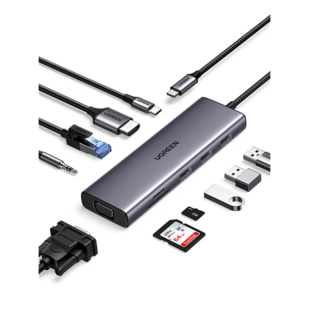 Hub USB-C 10 en 1 / HDMI 4K@30Hz + VGA 1920x1200 / 3x USB 3.0 5Gbps / Ethernet Gigabit / SD/TF Card Reader / PD 100W / Audio 3.5mm / Doble Pantalla Simultánea / Plug & Play Universal