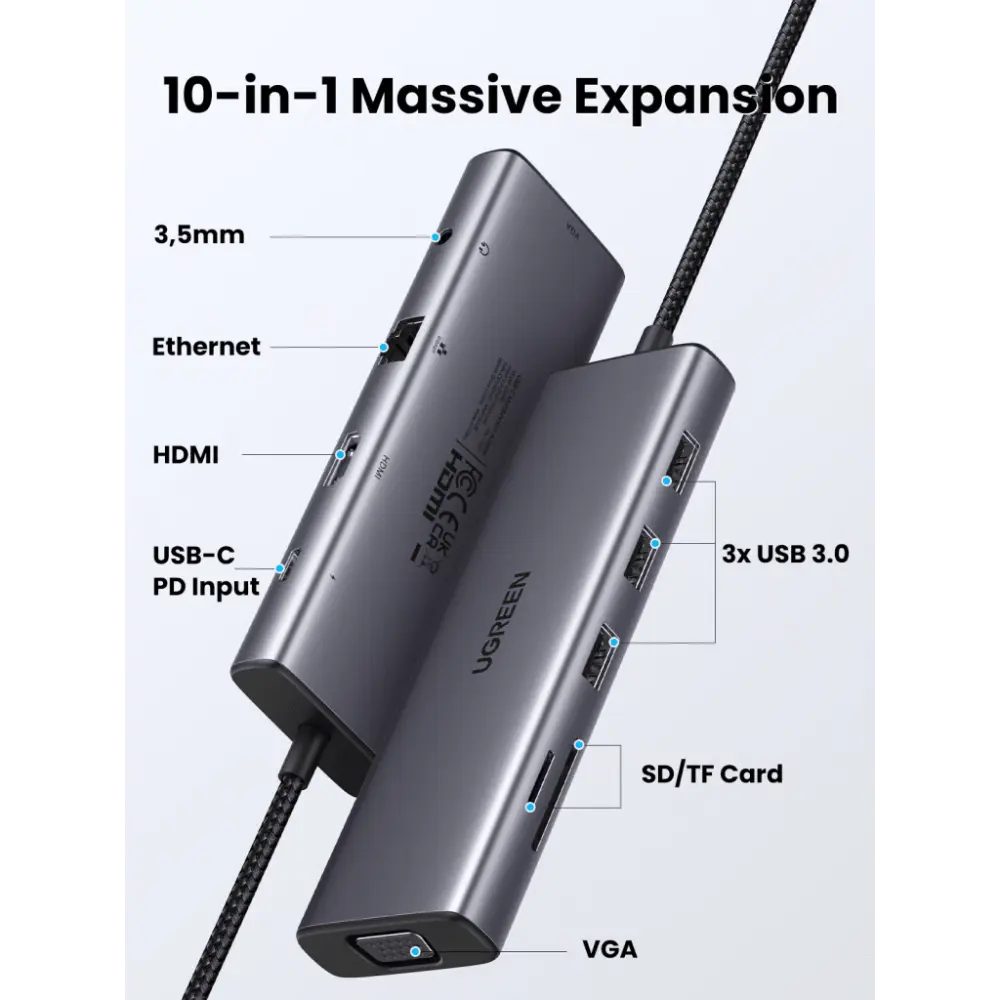 Hub USB-C 10 en 1 / HDMI 4K@30Hz + VGA 1920x1200 / 3x USB 3.0 5Gbps / Ethernet Gigabit / SD/TF Card Reader / PD 100W / Audio 3.5mm / Doble Pantalla Simultánea / Plug & Play Universal