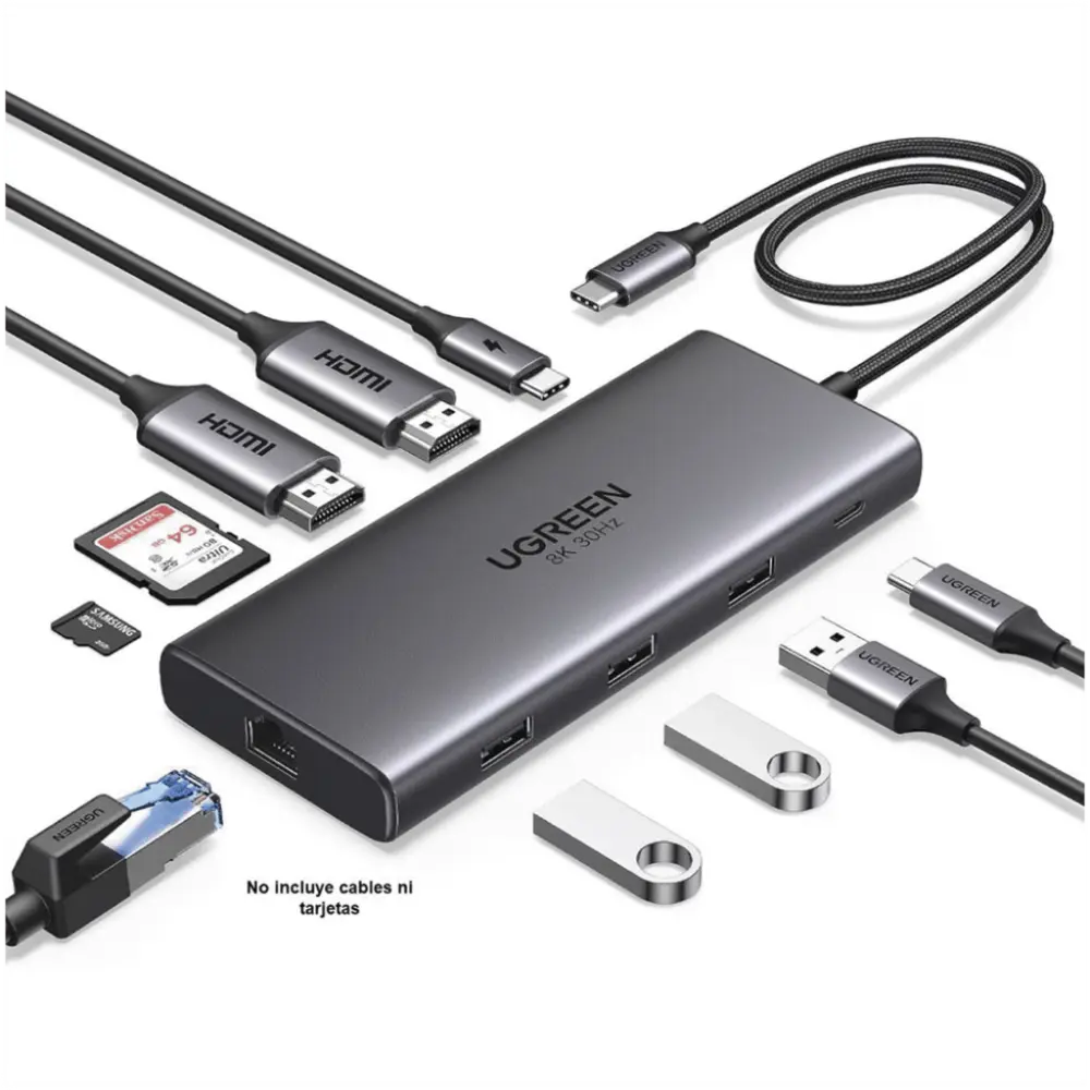 Docking Station USB-C Hub 10 en 1 UGREEN Revodok Pro 210 / Dual HDMI 4K 60Hz y 8K 30Hz / 3 Puertos USB-A + USB-C 3.0 / Carga PD 100W / Ethernet Gigabit 1000M / Lector Tarjetas SD y TF / Compatible Windows y macOS