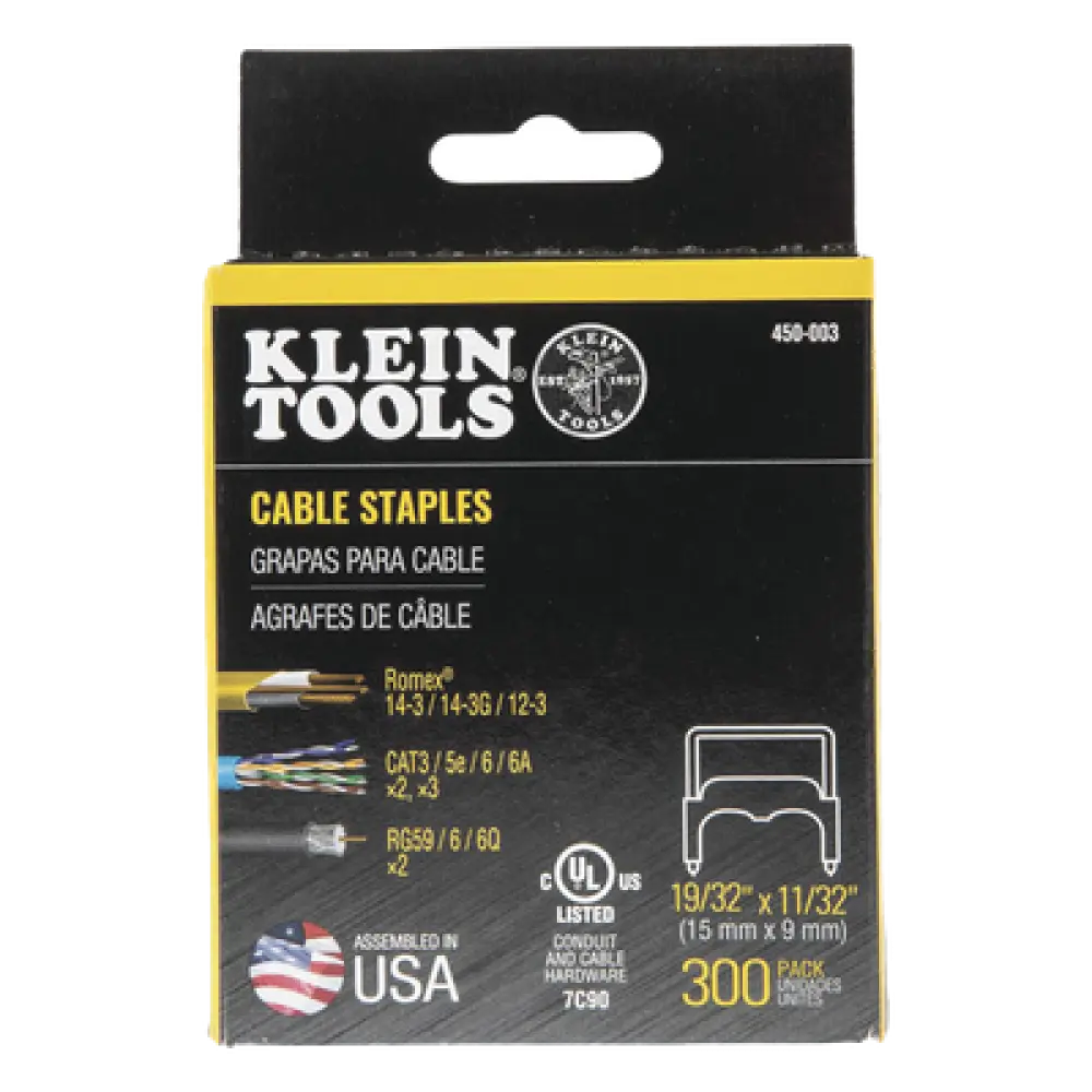 Grapas para cable / Aislamiento plástico UL / 300 piezas / 9 mm x 15 mm / 0.35 x 0.59 in / NM Romex 14/3, 12/3