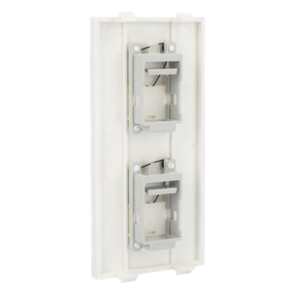 Placa Plana de Voz y Datos / Guardapolvo Integrado / 2 Puertos Keystone / Perfil 5 mm / 108 × 52 mm / 4.25 × 2.05 pulgadas / Color Blanco