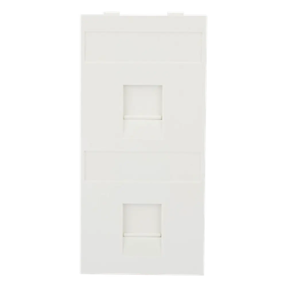 Placa Plana de Voz y Datos / Guardapolvo Integrado / 2 Puertos Keystone / Perfil 5 mm / 108 × 52 mm / 4.25 × 2.05 pulgadas / Color Blanco