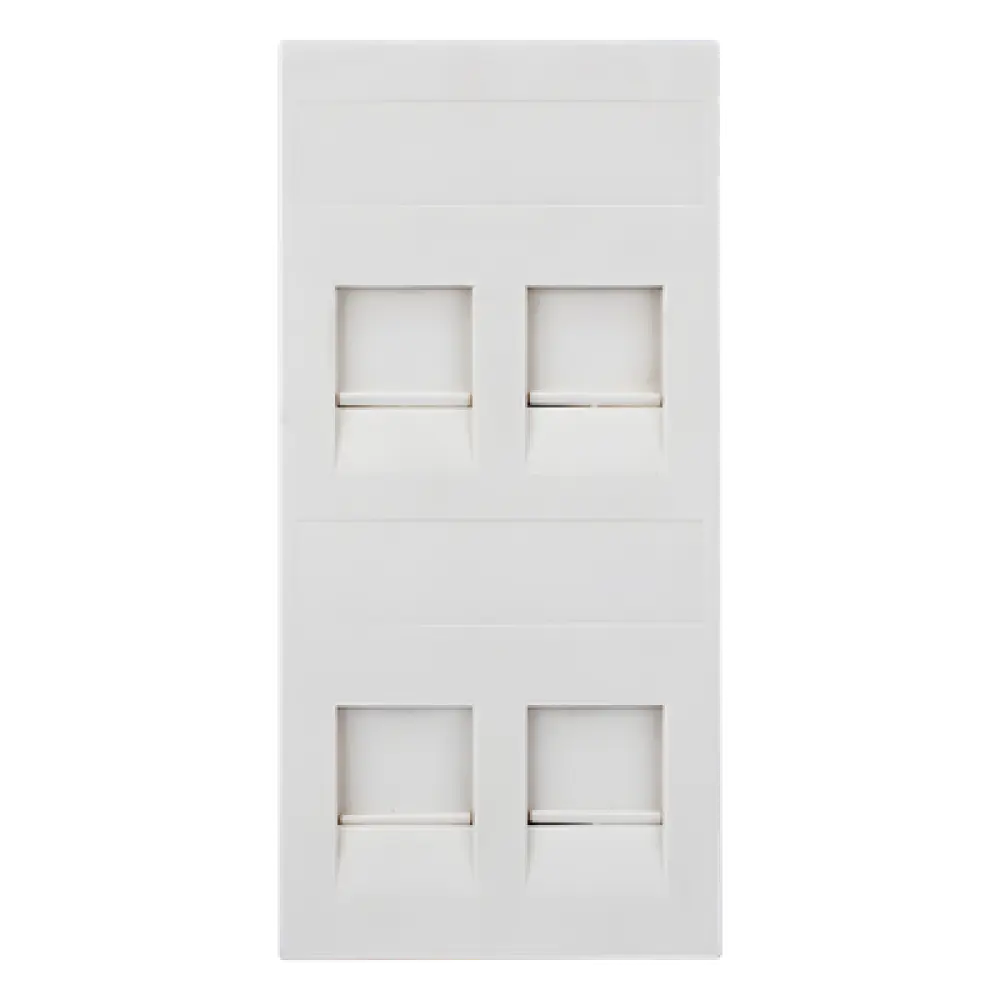 Placa Plana de Voz y Datos con Guardapolvo / 4 Puertos Keystone / Color Blanco / 108 x 52 mm / 5 mm Profundidad / Compatible Cajas Pavimento