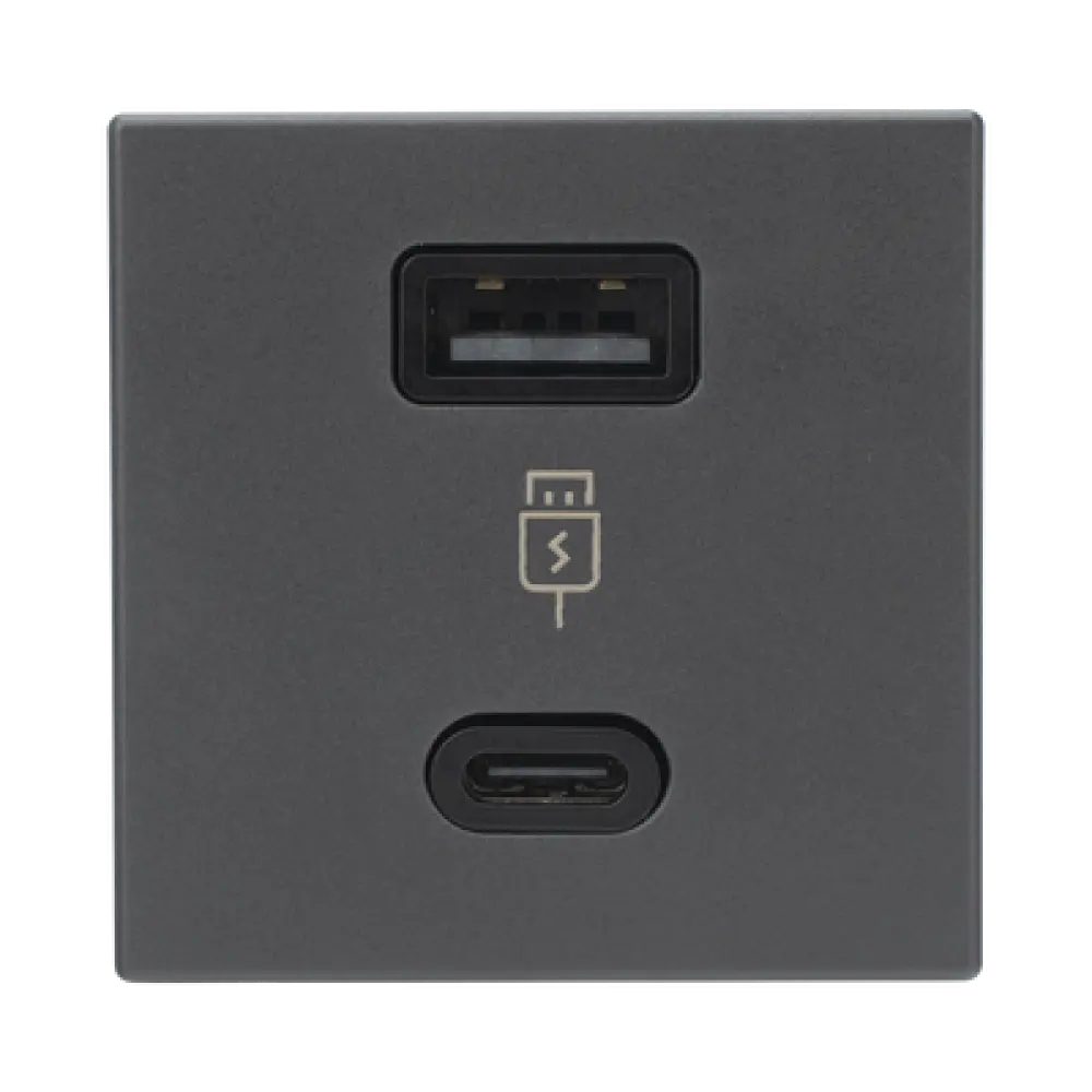 Módulo Doble USB Tipo A+C / Carga Rápida 30W / Color Negro / 45x45 mm / Compatible Torres y Cajas K45