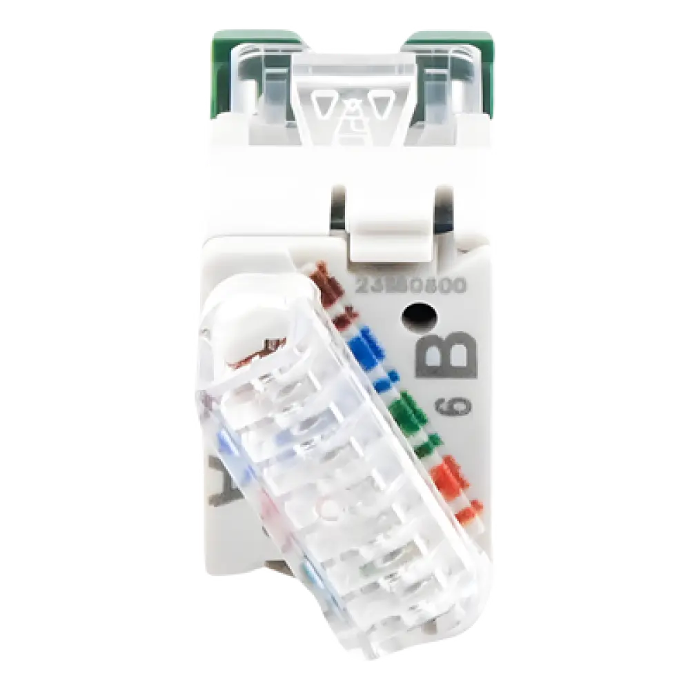 Jack RJ45 / Categoría 6 / UTP / Montaje Híbrido Plano o Angulado / Terminación 110 / Rango -10 a 60 °C