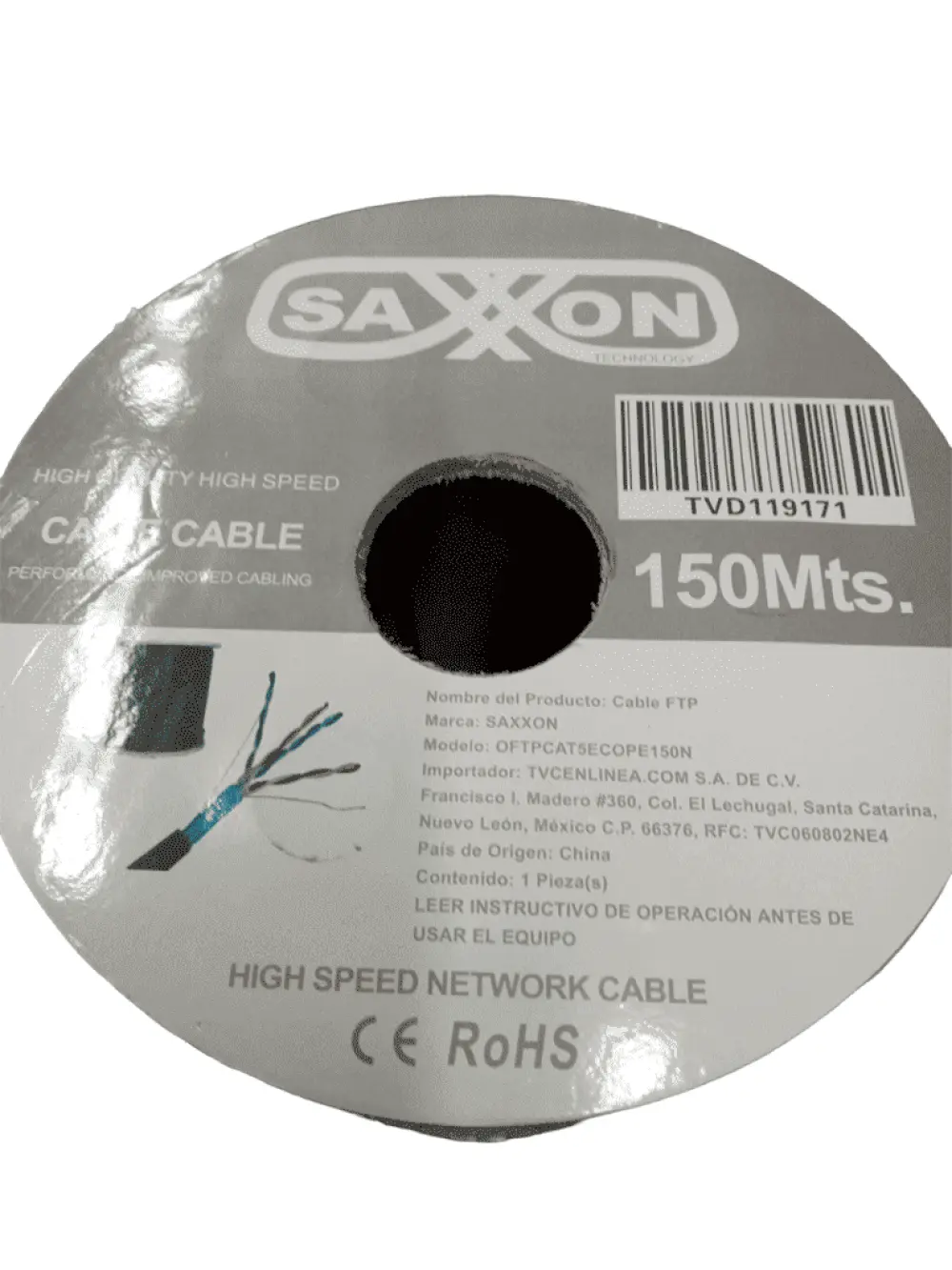 SAXXON OFTPCAT5ECOPE150N - Bobina de Cable FTP Cat5e 100% Cobre/ 150 Metros/ Blindado/ Color Negro/ Uso Exterior/ Ideal para Cableado de Redes de Datos y Video/ Cert ISO9001/ UL / RoSH/