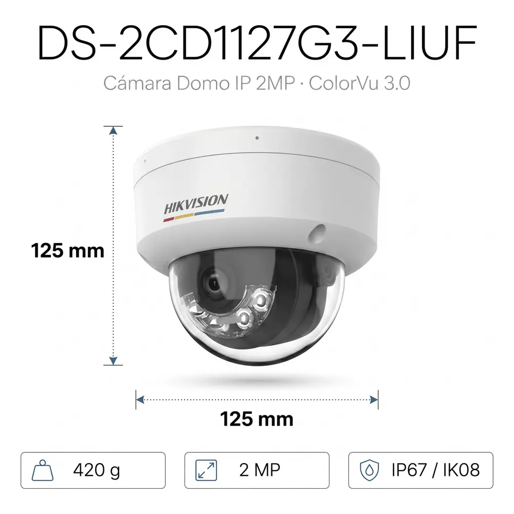 [ColorVu 3.0 + MD 3.0] Domo IP 2 Megapixel / Lente 2.8 mm / 30 mts IR + 30 mts Luz Blanca / Micrófono Integrado / Motion Detection 3.0 / Exterior IP67 / IK08 / dWDR / PoE / Micro SD