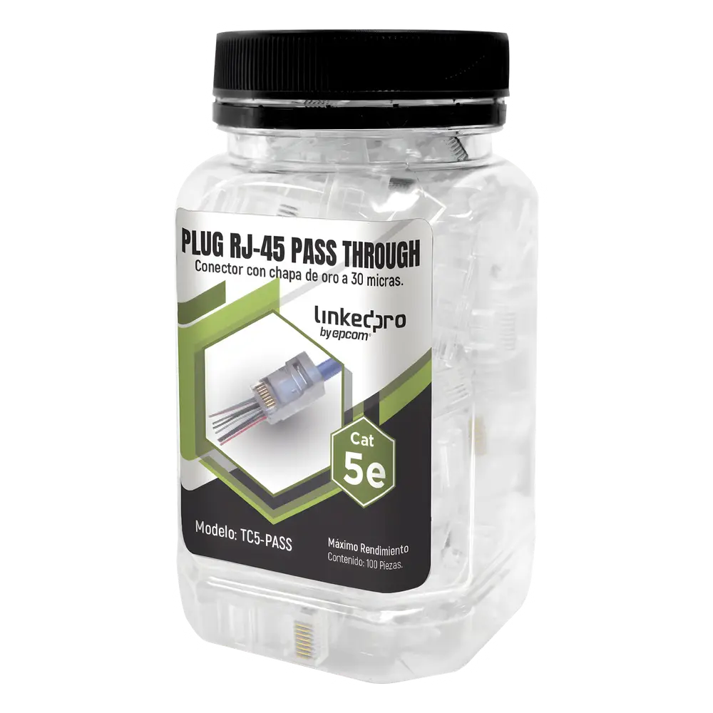 Bote con 100 Plugs Pass Through RJ45 Cat5e sin Blindaje, Chapado de Oro a 30 Micras para Durabilidad Extrema