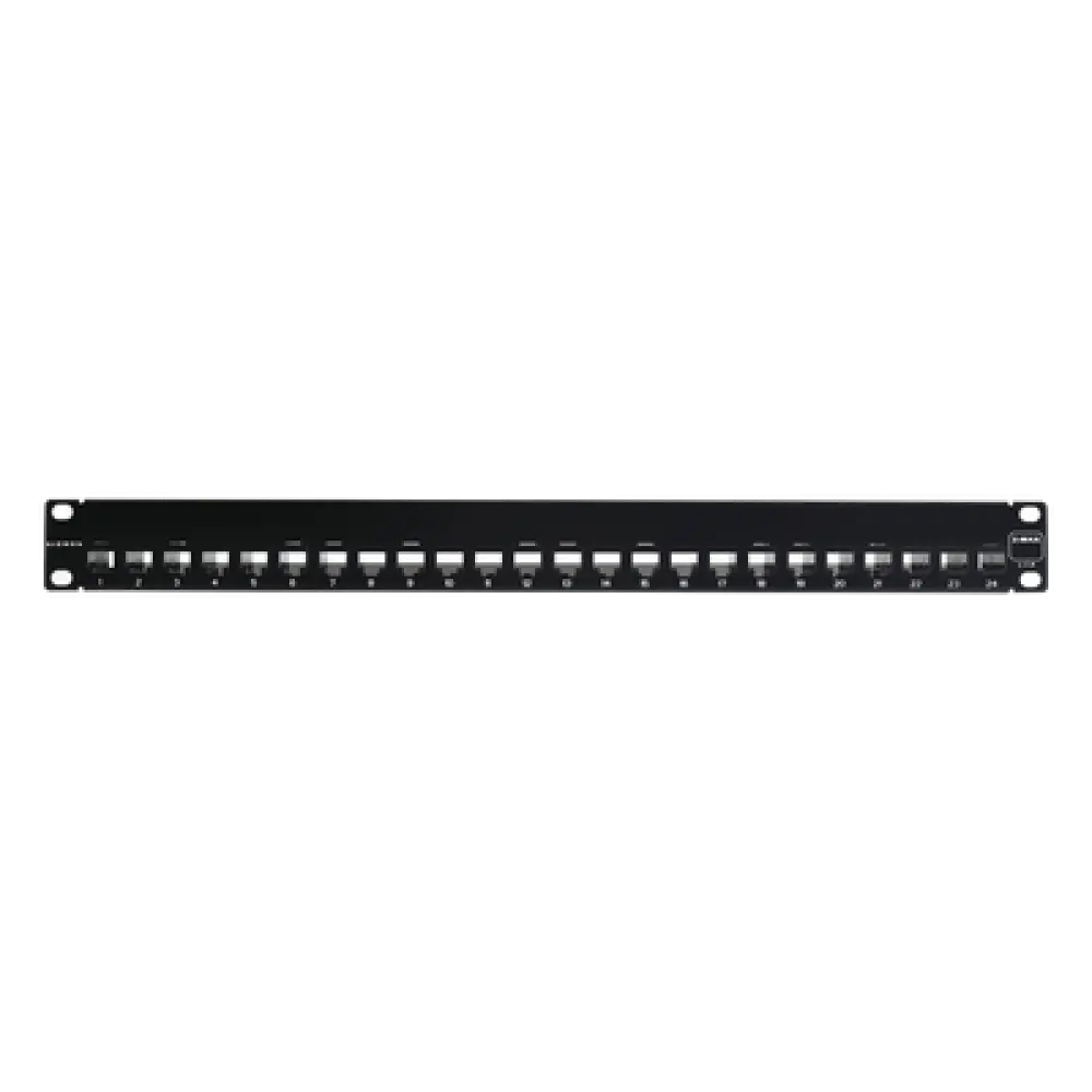 Patch Panel UTP de 24 Puertos / Categoría 6 / Plano / 1UR / Precargado con Jacks Z-MAX / Acero 18 Gauge