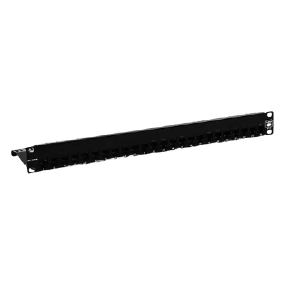 Patch Panel / 24 Puertos / Modular Vacío / Plano / 1UR / Cat 6A Blindado / Acero Negro