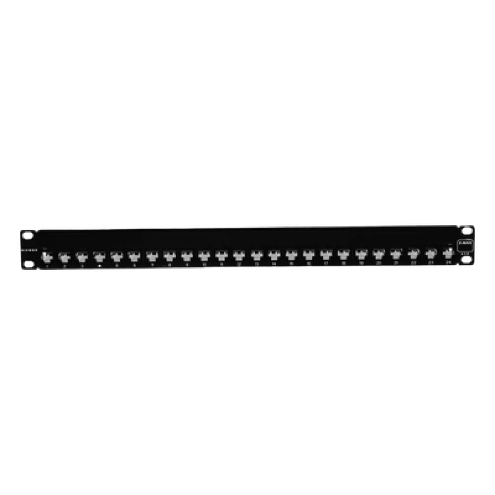 Patch Panel / 24 Puertos / Modular Vacío / Plano / 1UR / Cat 6A Blindado / Acero Negro