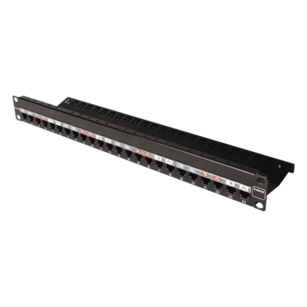 Patch Panel / 24 Puertos / Modular Vacío / Plano / 1UR / Cat 6A Blindado / Acero Negro