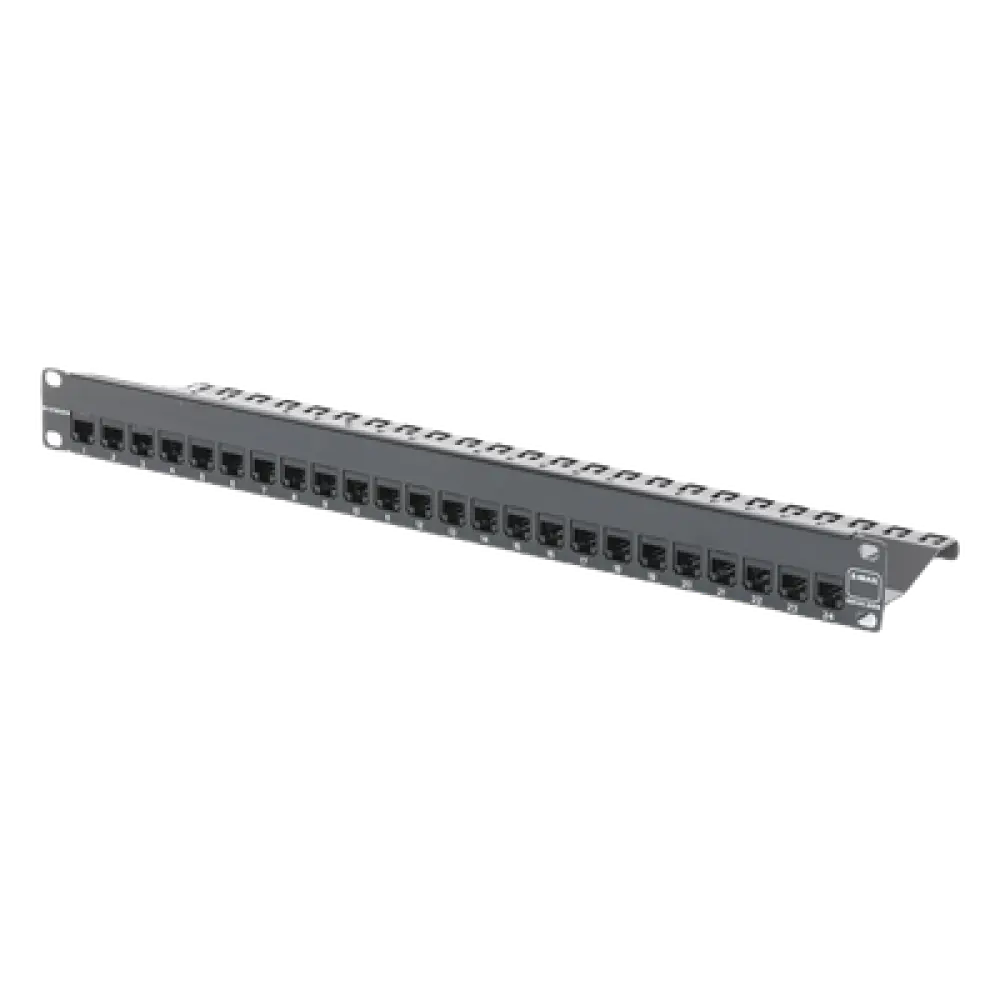 Patch Panel / Blindado / 24 Puertos / Modular Vacío / Plano / 1UR / Cat 6A / Acero 18 Gauge