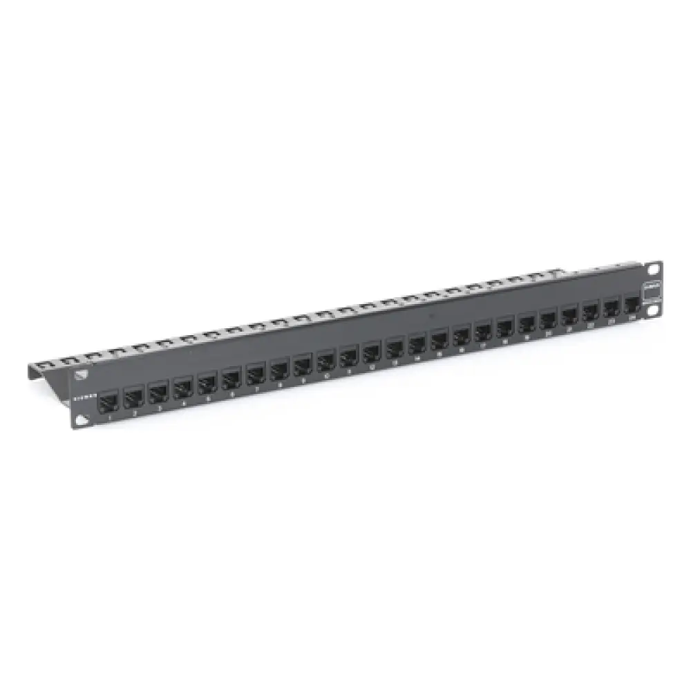 Patch Panel / Blindado / 24 Puertos / Modular Vacío / Plano / 1UR / Cat 6A / Acero 18 Gauge
