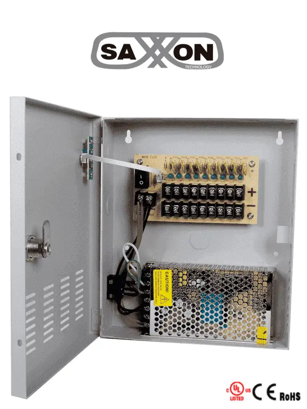 SAXXON PSU1210D9 - Fuente de Poder de 12 vcd/ 10 Amperes/ Para 9 Camaras/ 1.1 Amper por Canal/ Protección contra Sobrecargas/ Certificación UL