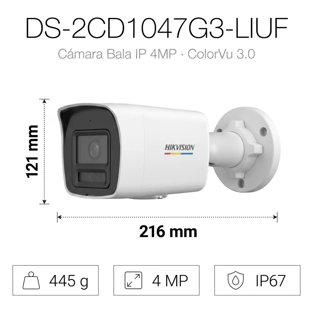 [ColorVu 3.0 + MD 3.0] Bala IP 4 Megapixel / Lente 2.8 mm / Dual Light (30 mts IR + 30 mts Luz Blanca) / Micrófono Integrado / Detección de Movimiento 3.0 / Exterior IP67 / WDR / PoE / Micro SD