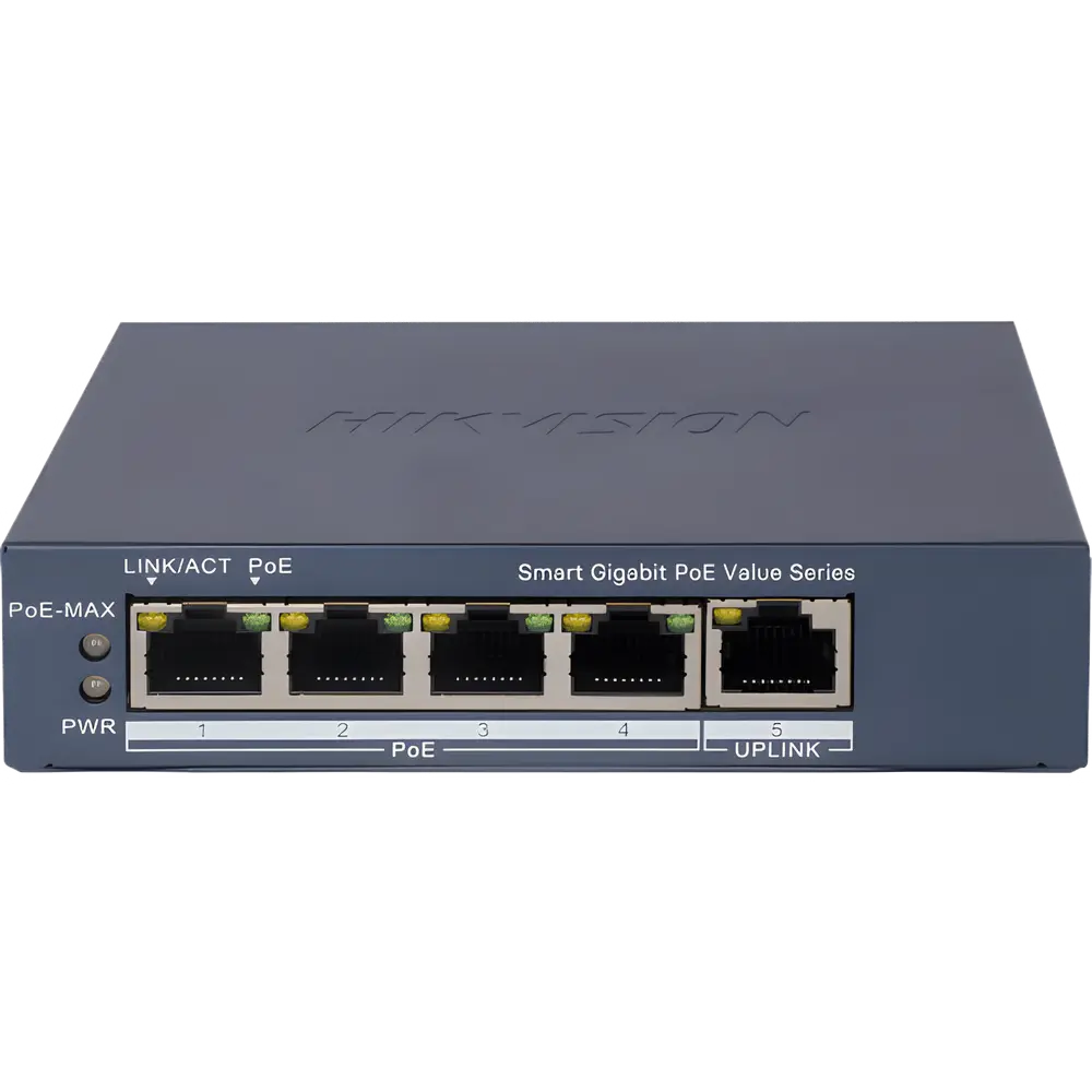 Switch Gigabit PoE+ / Monitoreable / 4 Puertos 1000 Mbps PoE+ / 1 Puerto 1000 Mbps Uplink / Configuración Nube Hik-PartnerPro / Modo Extendido hasta 300 Metros / 45 Watts