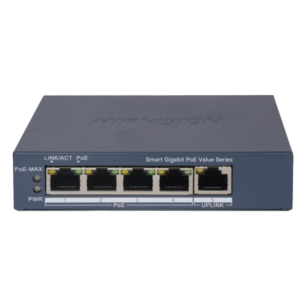 Switch Gigabit PoE+ / Monitoreable / 4 Puertos 1000 Mbps PoE+ / 1 Puerto 1000 Mbps Uplink / Configuración Nube Hik-PartnerPro / Modo Extendido hasta 300 Metros / 45 Watts