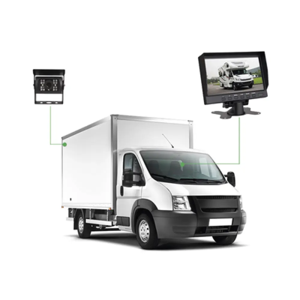 Sistema de Cámara de Reversa Alámbrico / Monitor LCD 7 Pulgadas Full HD / Cámara IR CMOS 18 LEDs / Ángulo de Visión 120° / IP69K / 12/24 VCC / Cable 20 m (65.6 ft)