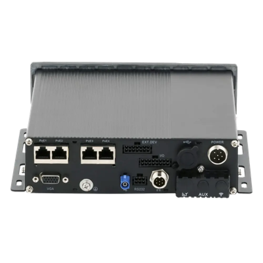 NVR Móvil Vehicular / 8 Canales / 4 PoE + 4 IP vía Switch / 2 Megapixel / H.265 / GPS + Sensor G / 2 Bahías HDD / Aluminio Industrial / 9-36 VCC