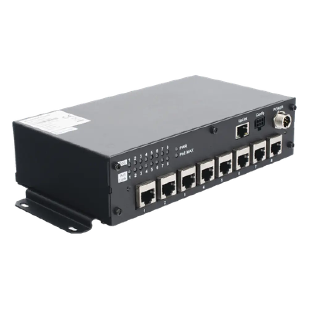Switch PoE Móvil / 8 Puertos PoE 100 Mbps / 1 Puerto Uplink 1 Gbps / 90 W Total / 9-36 V DC / -20°C a +60°C