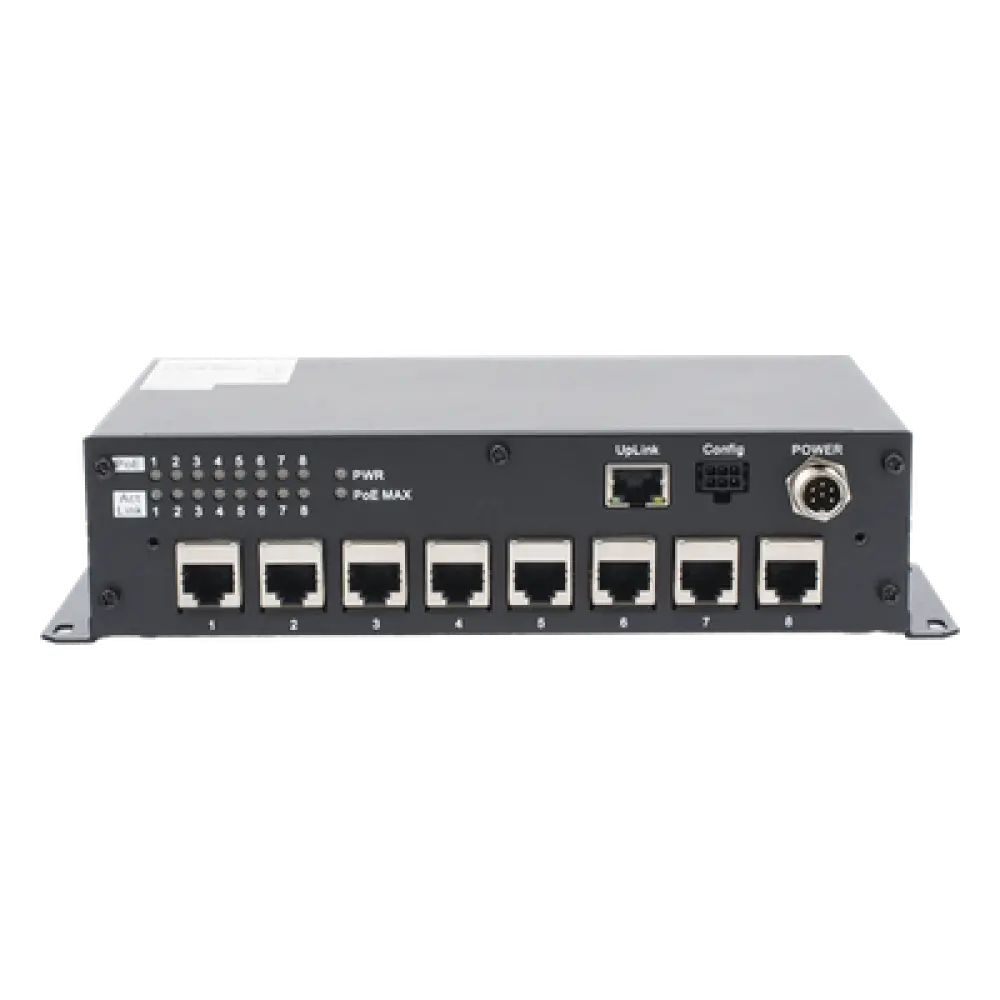 Switch PoE Móvil / 8 Puertos PoE 100 Mbps / 1 Puerto Uplink 1 Gbps / 90 W Total / 9-36 V DC / -20°C a +60°C