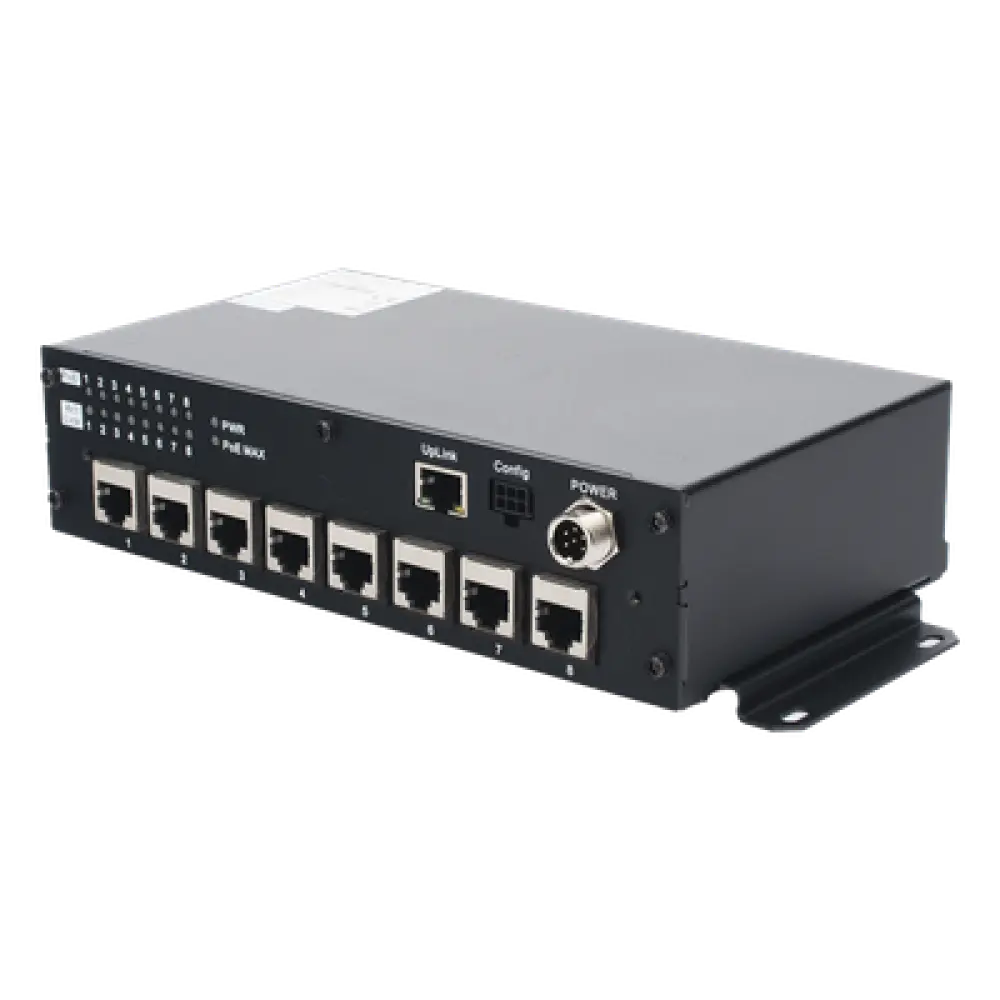 Switch PoE Móvil / 8 Puertos PoE 100 Mbps / 1 Puerto Uplink 1 Gbps / 90 W Total / 9-36 V DC / -20°C a +60°C