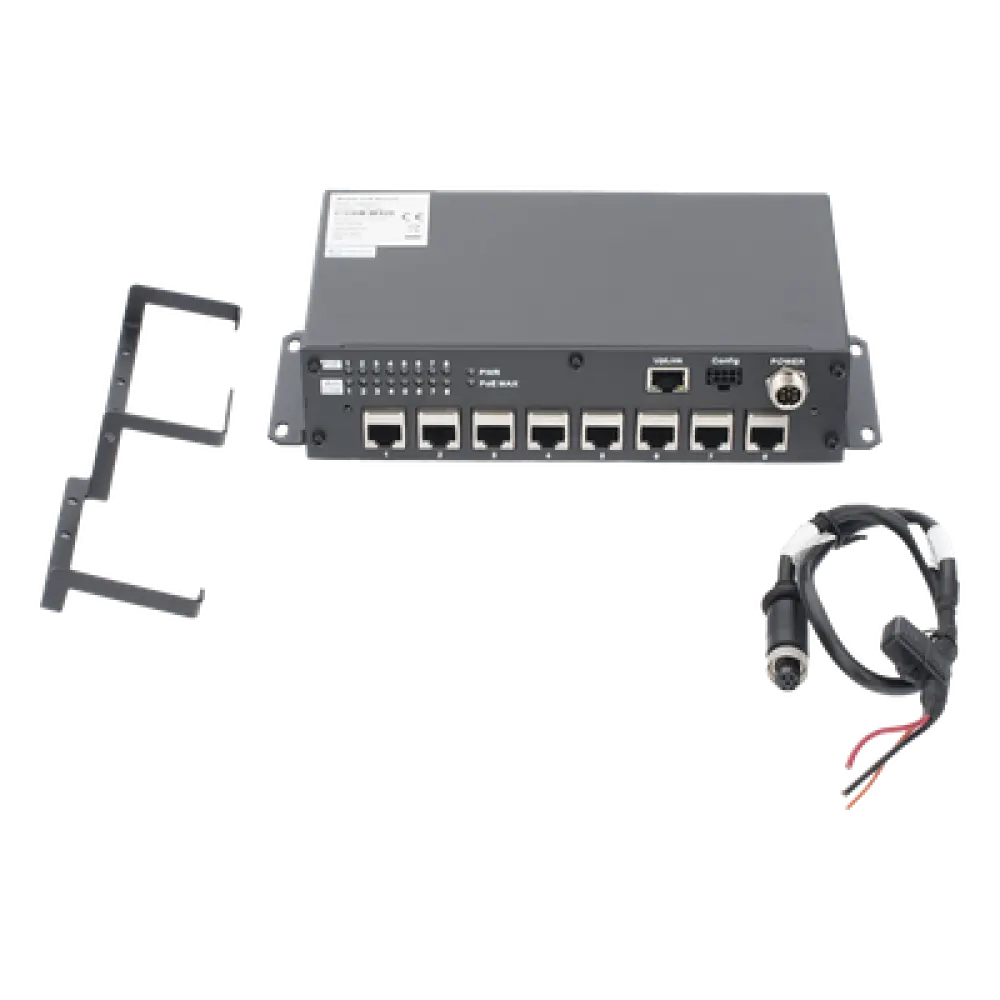 Switch PoE Móvil / 8 Puertos PoE 100 Mbps / 1 Puerto Uplink 1 Gbps / 90 W Total / 9-36 V DC / -20°C a +60°C