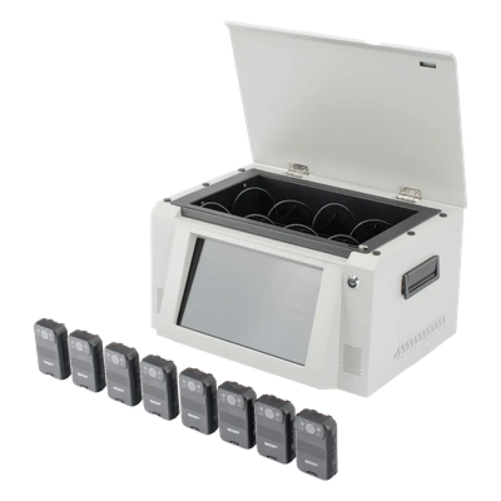 Kit Estación de Descarga para Bodycam / 8 Unidades / Pantalla Táctil 12 Pulgadas / Almacenamiento 36 TB / Ethernet FTP / 4G / 4K UHD