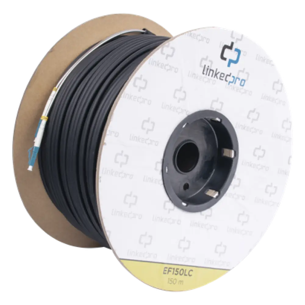 Carrete de Fibra Óptica Monomodo / Conectores LC-LC Dúplex / 150 m (492.13 pies) / Reforzada con Kevlar / Tight Buffer 900 μm / HDPE para Subterráneo
