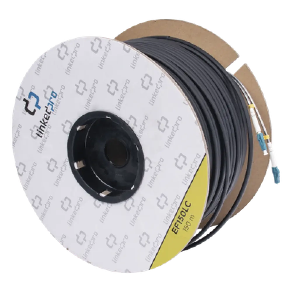 Carrete de Fibra Óptica Monomodo / Conectores LC-LC Dúplex / 150 m (492.13 pies) / Reforzada con Kevlar / Tight Buffer 900 μm / HDPE para Subterráneo