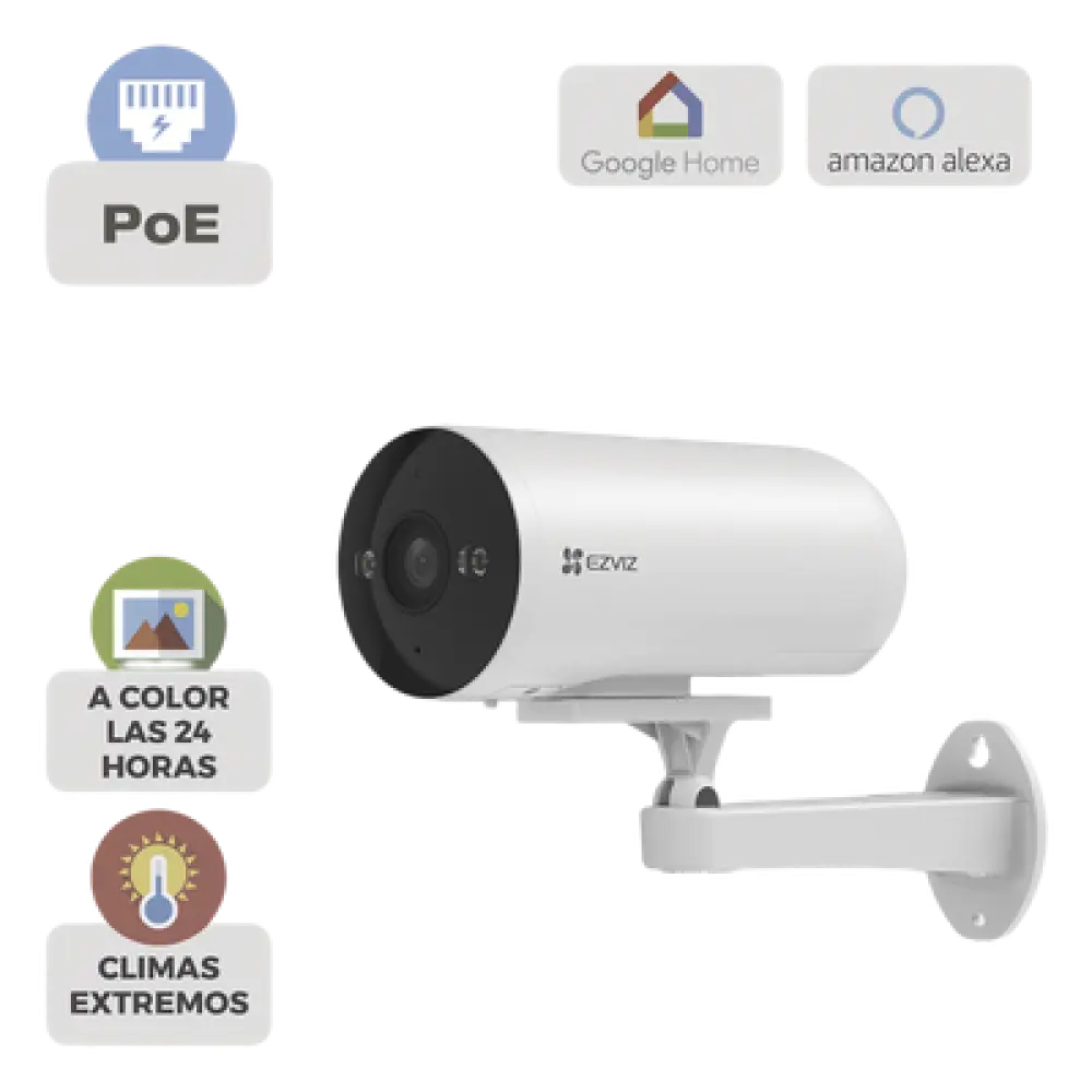 Cámara Bala IP / 3 Megapixel (2K) / Color Night Vision 20 m (65.6 ft) / IR 30 m (98.4 ft) / AI Detección Humana y Vehículos / PoE / IP67 / Audio Bidireccional / Luz y Sirena