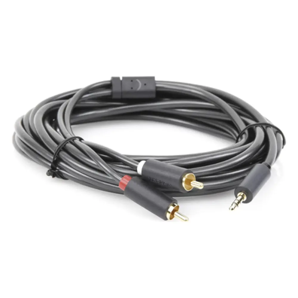 Cable de Audio 3.5mm a 2 RCA Macho / 5 Metros (16.40 Pies) / Blindaje Múltiple / Conectores Oro 24K / TPE Ecológico / ABS