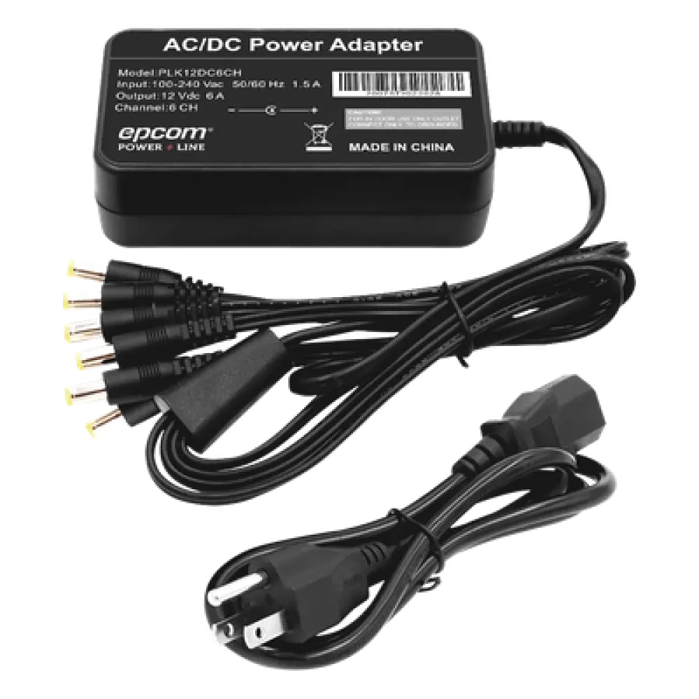 Fuente de Poder / 6 Salidas Jack Macho / 12 Vcc / 6 A / Entrada 100-240 VCA / 72 W / 117x62x34 mm (0.38x0.20x0.11 ft)