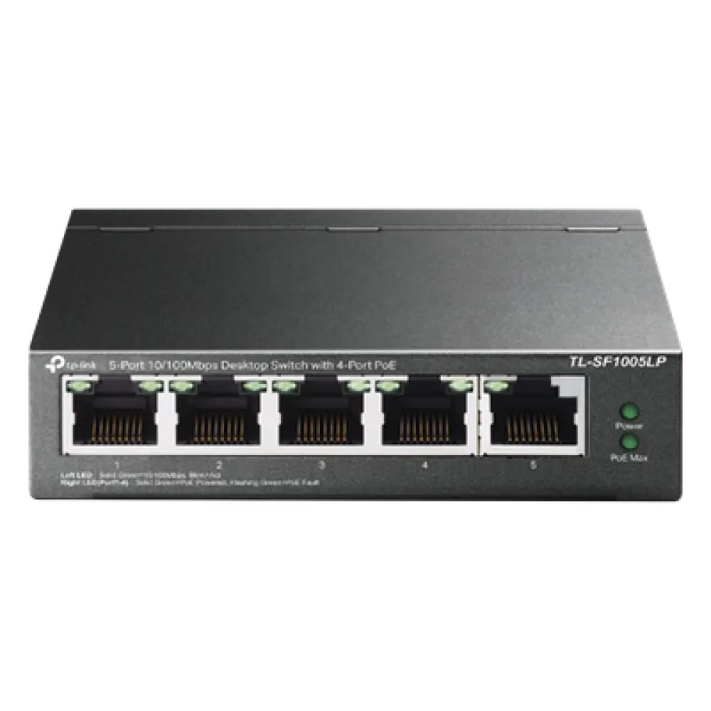 Switch PoE No Administrable / 5 Puertos 10/100 Mbps / 4 Puertos PoE 802.3af / Presupuesto 41 W / Extensión PoE 250 m (820 ft) / Sin Ventilador