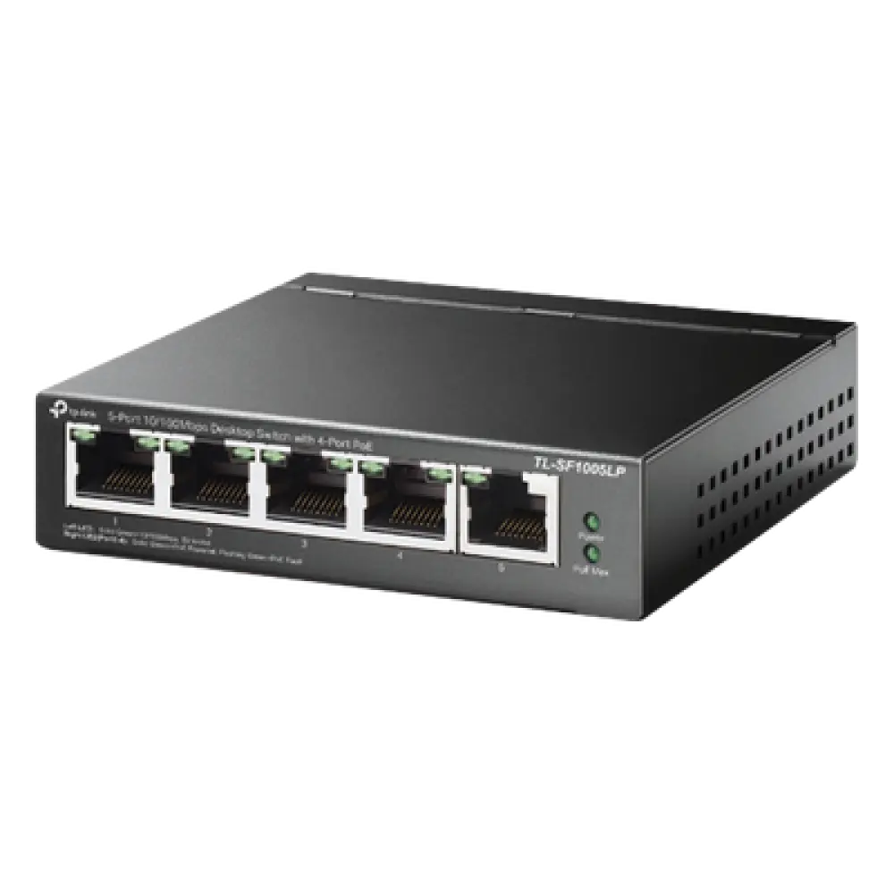 Switch PoE No Administrable / 5 Puertos 10/100 Mbps / 4 Puertos PoE 802.3af / Presupuesto 41 W / Extensión PoE 250 m (820 ft) / Sin Ventilador