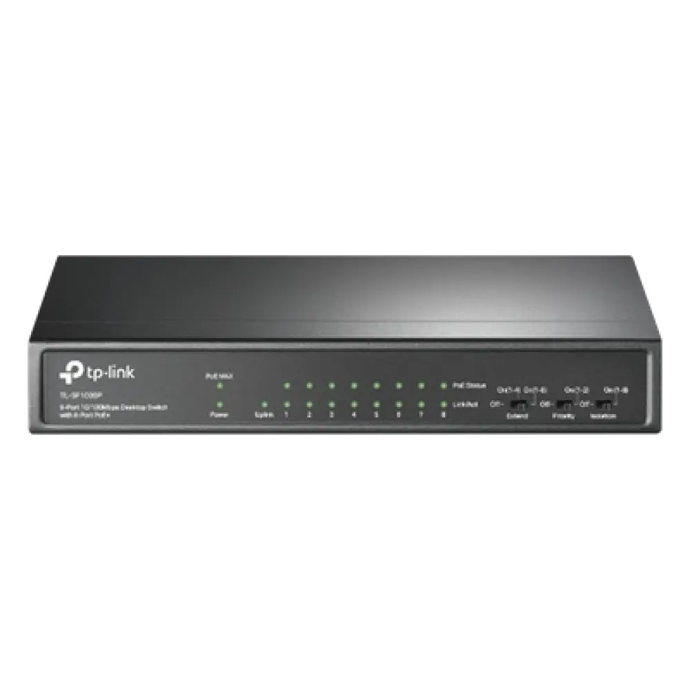 Switch PoE+ No Administrable / 9 Puertos 10/100 Mbps / 8 Puertos PoE 802.3af/at / 65W / Alcance 250 m (820 ft) / Sin Ventilador