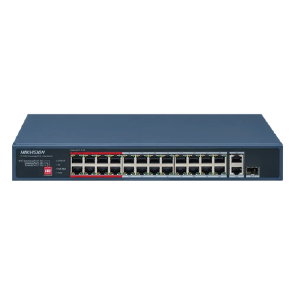 Switch PoE+ / 24 Puertos 10/100 Mbps PoE+ / 2 Puertos Gigabit Uplink / 1 Puerto SFP Uplink / Modo Extendido 300 m (984 pies) / 230 W